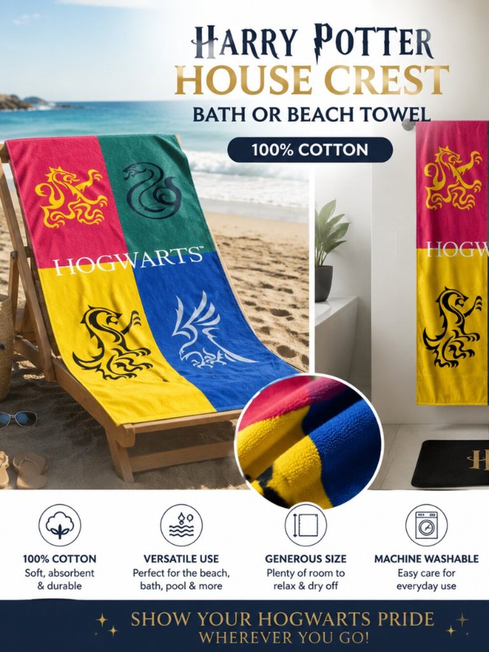 Harry Potter Hogwarts Houses Crests Beach Towel Universal Studios